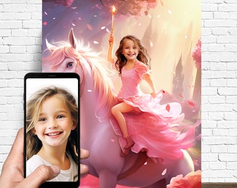 Princess Riding a Unicorn - Get Your Own Princess Portrait from your photo - Princess portrait - Custom Princess portrait - Canvas print