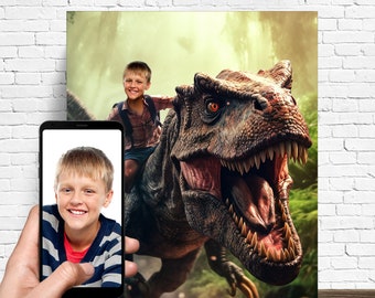 Personalized Jurassic Dinosaur Portait - Custom Portrait From Photo - Custom Boy With Dinosaur Portrait From Your Photo - Gift For Kids