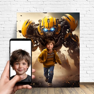 Kid With Robot Picture - Custom Kid With Robot - Kids Room - Personalized Robot Picture