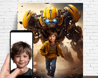 May include: A young boy in a yellow sweater and blue jeans stands in front of a large, yellow robot. The robot has blue eyes and a black mouth. The boy is smiling and looking at the camera.