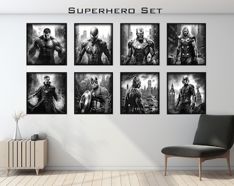 Puede incluir: Un conjunto de ocho impresiones enmarcadas en blanco y negro que representan a diferentes superhéroes. Las impresiones están dispuestas en dos filas de cuatro, con cada impresión representando a un superhéroe diferente. Los superhéroes incluyen Hulk, Spiderman, Iron Man, Thor, Doctor Strange, Capitán América, Pantera Negra y Ant-Man.