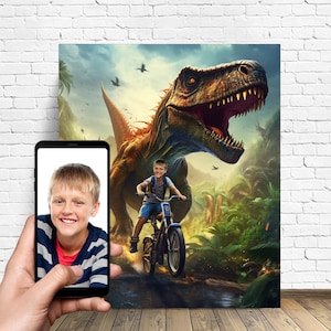 Personalized Jurassic Dinosaur Portait - Boy riding a dinosaur - T-REX - Custom Boy With Dinosaur Portrait From Your Photo - Gift For Kids