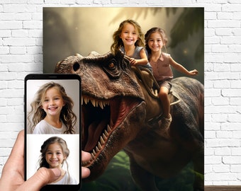 Personalized Jurassic Dinosaur Portrait-Custom Portrait From Photo-Custom Sisters With Dinosaur Portrait From Your Photo-Gift For Kids