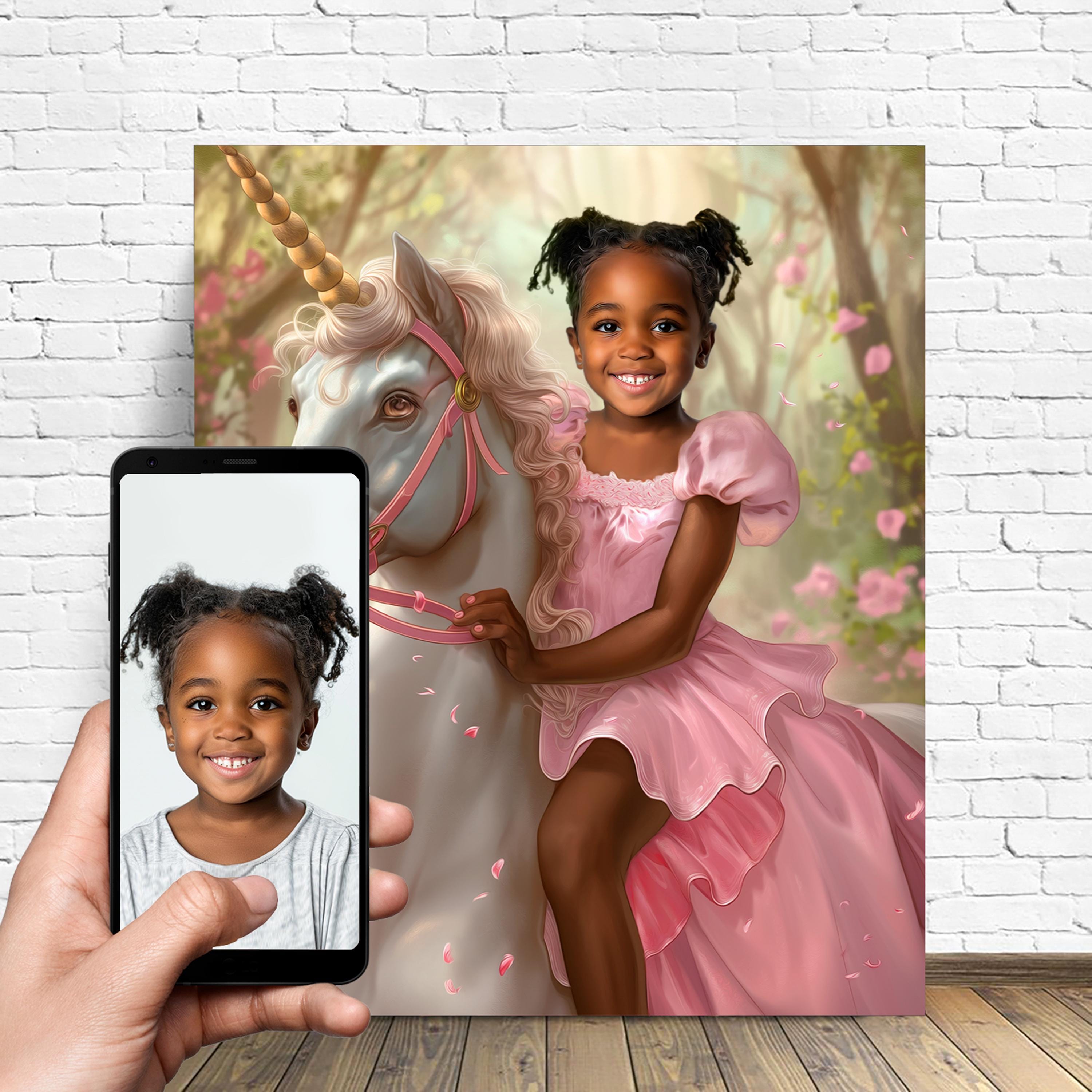 Princess Riding a Unicorn - Get Your Own Princess Portrait from your photo - Princess portrait - Custom Princess portrait - Canvas print