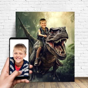 Personalized Jurassic Dinosaur Portait-Custom Portrait From Photo-Custom Boy With Dinosaur Portrait From Your Photo-Gift For Kids