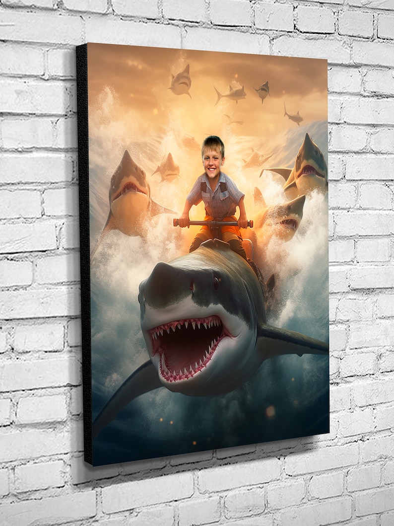 Personalized Shark With Kid Portait - Boy Riding a Shark - Great White ...