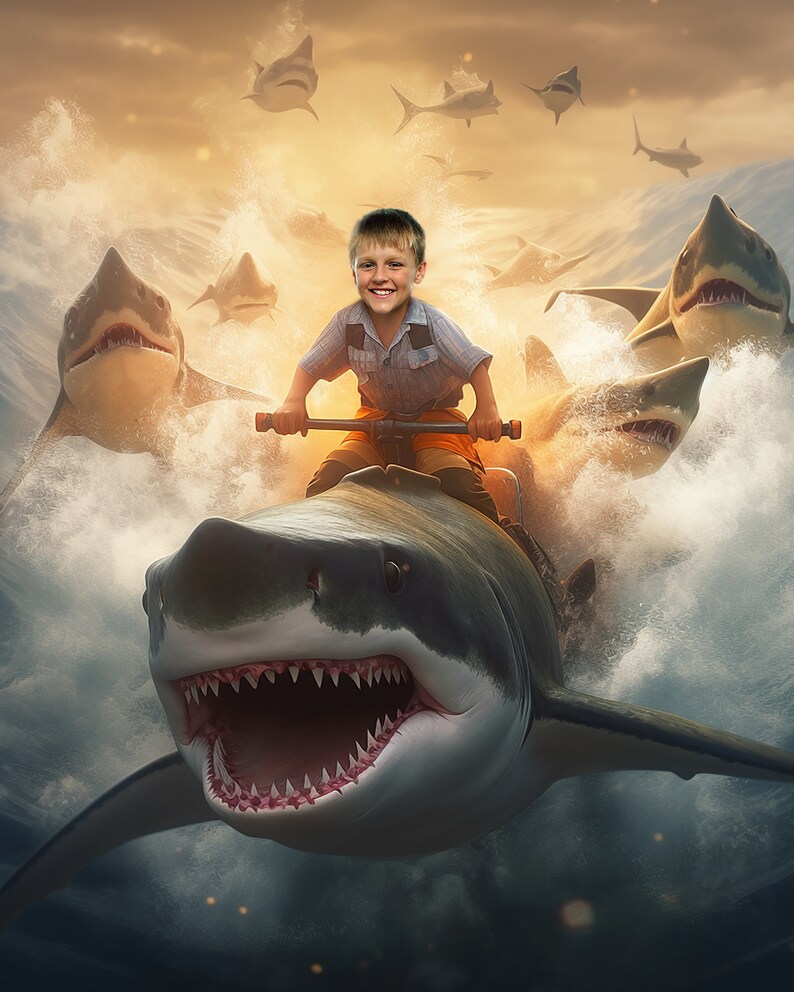 Personalized Shark With Kid Portait - Boy Riding a Shark - Great White ...