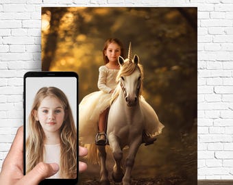Princess Riding a Unicorn - Get Your Own Princess Portrait from your photo - Princess portrait - Custom Princess portrait - Canvas print
