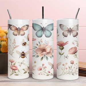 Floral Tumbler Wrap, Butterflies and Bees, Feminine Design (20oz PNG Digital Download)