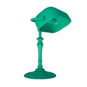 May include: A teal green desk lamp with a square shade and a decorative base.