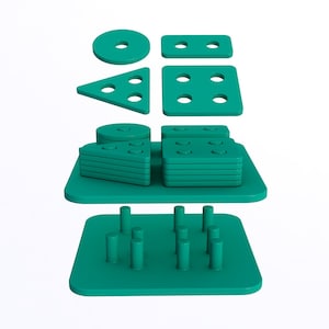 Könnte beinhalten: Ein blaues Holzspielzeug mit verschiedenen Formen, die in die Basis passen. Die Teile umfassen einen Kreis, ein Quadrat, ein Dreieck und ein Rechteck. Die Basis hat ein Raster mit Stiften, auf denen die Teile platziert werden können.