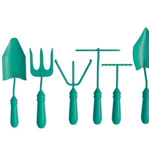 May include: Set of seven teal gardening tools, including a trowel, a hand rake, a cultivator, a fork, and two smaller trowels.