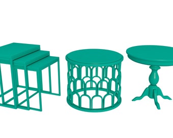 May include: Three teal colored tables. One is a round table with a pedestal base. The other two are square nesting tables.