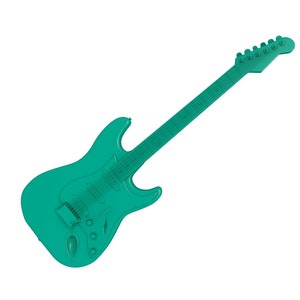 May include: A teal electric guitar with a white background.