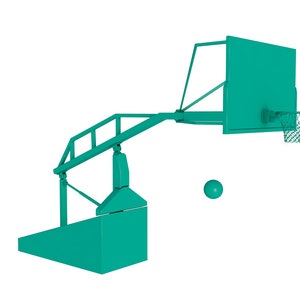 May include: Teal basketball hoop with a net and a teal basketball in the air. The hoop is attached to a teal metal pole with a teal base.