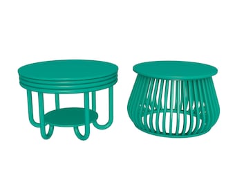 May include: Two teal green coffee tables. One table has a round top and a lower shelf. The other table has a round top and a woven base.