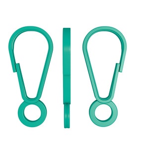May include: Two teal plastic clips with a ring on the bottom. The clips are open and ready to be used.