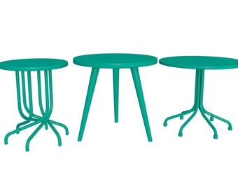 May include: Three teal metal tables with round tops and different base designs. The tables are arranged in a row from left to right.