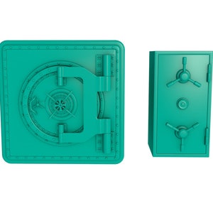May include: Two teal-colored safes, one with a round door and the other with a rectangular door and two dials.