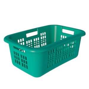 May include: A teal blue plastic laundry basket with a rectangular shape and a grid pattern. The basket has two handles on the top.