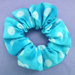Light Blue Tie Dye Scrunchie with Large, White Polka Dots