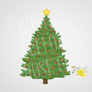 May include: A green Christmas tree decorated with red and green ornaments and a yellow star on top. The tree is on a white background with the text "RUSTIC YELLOW ROSE CO."