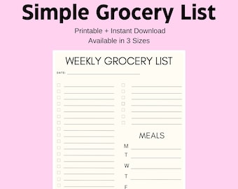 Simple Grocery List, Grocery List Printable, Meal Planner Template, Grocery List, Easy Grocery List Printable, Easy Grocery List