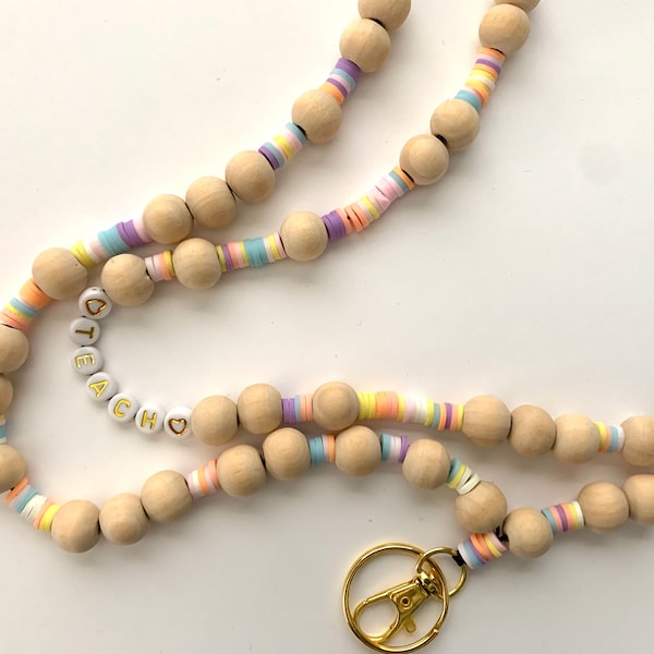 Gepersonaliseerde sleutelkoord voor docenten hout, pastelkleurige regenboog ID-badgehouder