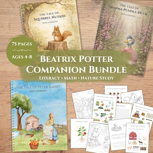 Könnte beinhalten: Ein Beatrix Potter Begleitpaket mit drei Buchumschlägen und Aktivitätsseiten. Die Umschläge zeigen Illustrationen von Squirrel Nutkin, Jemima Puddle-Duck und Peter Rabbit. Das Paket umfasst 75 Seiten für Kinder im Alter von 4-8 Jahren.