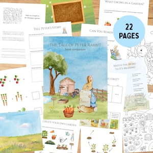 Könnte beinhalten: Eine Sammlung von Kinder-Aktivitätsseiten mit Illustrationen und Text aus "The Tale of Peter Rabbit". Das Cover des Buchbegleiters zeigt Peter Rabbit mit einem Schild. Die Seiten enthalten Malvorlagen und Gartenaktivitäten.
