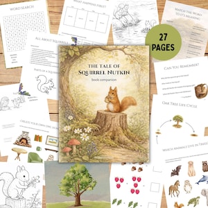 Könnte beinhalten: Eine Sammlung von Lernaktivitätsseiten und einem Buch mit dem Titel "The Tale of Squirrel Nutkin". Das Buchcover zeigt ein Eichhörnchen auf einem Baumstumpf. Die Seiten enthalten Wortsuchrätsel, Zuordnungsspiele und Illustrationen. Die Seiten sind auf weißem Papier gedruckt.