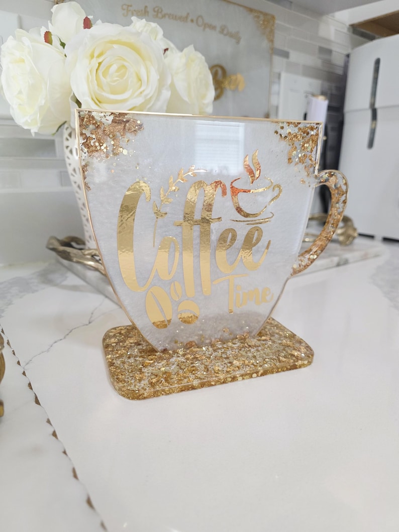 Weiss und Gold Resin Kaffee Bar Schild mit Ständer: S - XL Bild 4