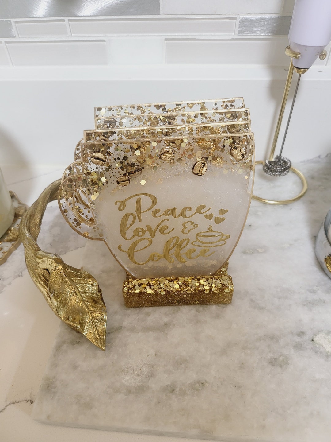 Resin Coffee Mug Coasters With Stand for Coffee Stations & Coffee Bars