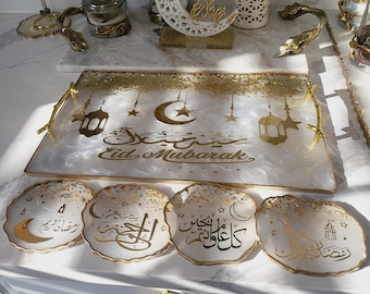 XL Handmade Ramadan Resin Tray with Coasters: Eid Decor