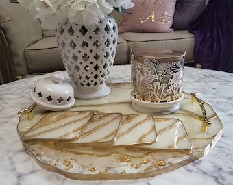 Extra Large Resin Tray w/coasters set of4, Decorative Tray, Vanity Tray, Vintage Tray, Housewarming Gift, Luxury Tray.