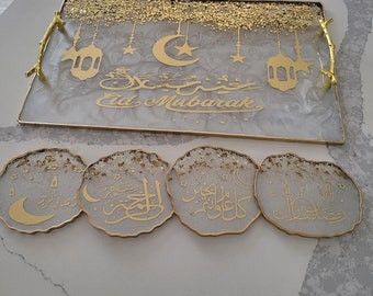 XL Eid Mubarak Resin Tray With Coasters Set of 4,Ramadan Decoration,Eid Gift,Islamic Decor,Muslim Gift,Eid Decor, Housewarming Gift.