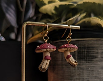 Realistic mushrooms earrings | Dark cottagecore witch collection | moon spells mushroom stainless steel plated unique polymer clay jewelry
