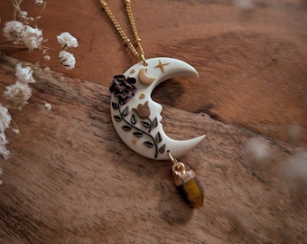 Mystical Flowers Moon necklace | Dark cottagecore | moon spells mushroom stainless steel plated unique polymer clay jewelry pendulum