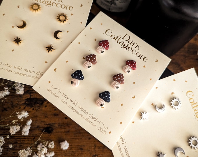 Dark cottagecore stud | mini mushroom earrings | sun moon star stud | minimal stainless steel plated polymer clay jewelry sensitive ears