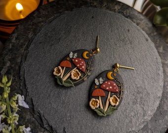 Mystical mushrooms earrings | Dark cottagecore witch collection | moon spells mushroom stainless steel plated unique polymer clay jewelry