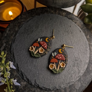 Mystical mushrooms earrings | Dark cottagecore witch collection | moon spells mushroom stainless steel plated unique polymer clay jewelry