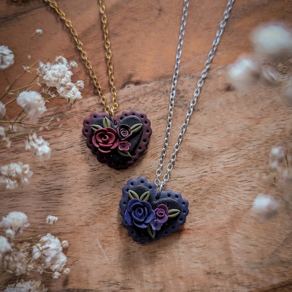 Bouquet of roses | Valentine’s Day necklace | Polymer clay, heart romantic, stainless steel, gift, magic, unique, handmade, Lightweight