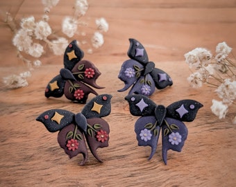 Mystical mini butterfly earrings | Witch of love | flowers dark forest stainless steel plated unique polymer clay Valentine spring studs