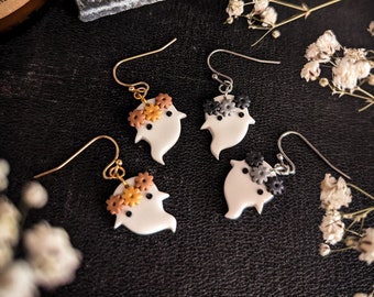 Cute Flower Ghost earrings | Enchanted Garden collection | Halloween stainless steel plated unique polymer clay jewelry mystical spooky