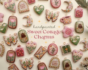 Hand-Painted Clay Sweet Cottage CHARMS only, for necklace or earrings | cozy spring fall autumn | polymer clay butterfly mushroom daisy moon