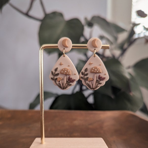 Dangles ornamental mushroom earrings | Dark cottagecore collection | moon dark forest stainless steel plated unique polymer clay jewelry