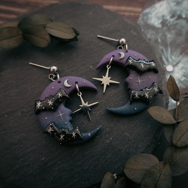Halloween night moon earrings | Gothic girl collection | stainless steel polymer clay jewelry halloween skull ghost mystical night star bats
