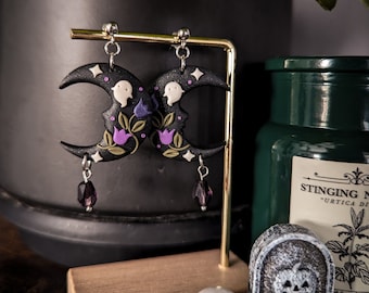 Haunted Moon earrings | Enchanted Garden collection | Halloween ghost flowers stainless steel plated unique polymer clay jewelry mystical
