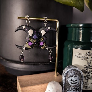 Haunted Moon earrings | Enchanted Garden collection | Halloween ghost flowers stainless steel plated unique polymer clay jewelry mystical