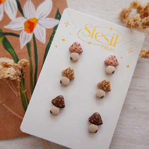 Handpainted sweet cottagecore stud | mushroom earrings minimal stainless steel plated polymer clay jewelry sensitive ears autumn daisies